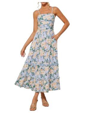Grace Karin Med Womens Boho Floral Maxi Dress Light Blue Ruched Bodice Ruffled